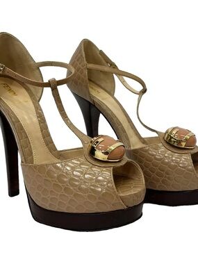 Fendi Beige Croc-Embossed T-Strap Peep-Toe Platform Heels with Gold Accent